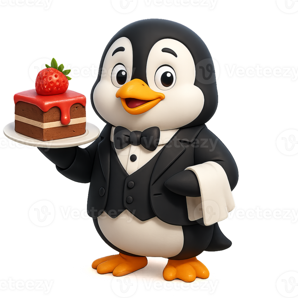 Charming Penguin Butler Serving Dessert with a Delightful Smile png
