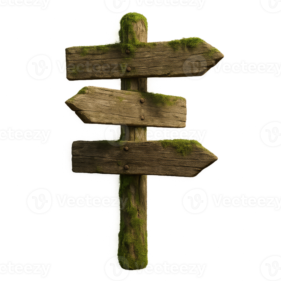 Mossy Wooden Signpost in Nature Setting with Rustic Charm png