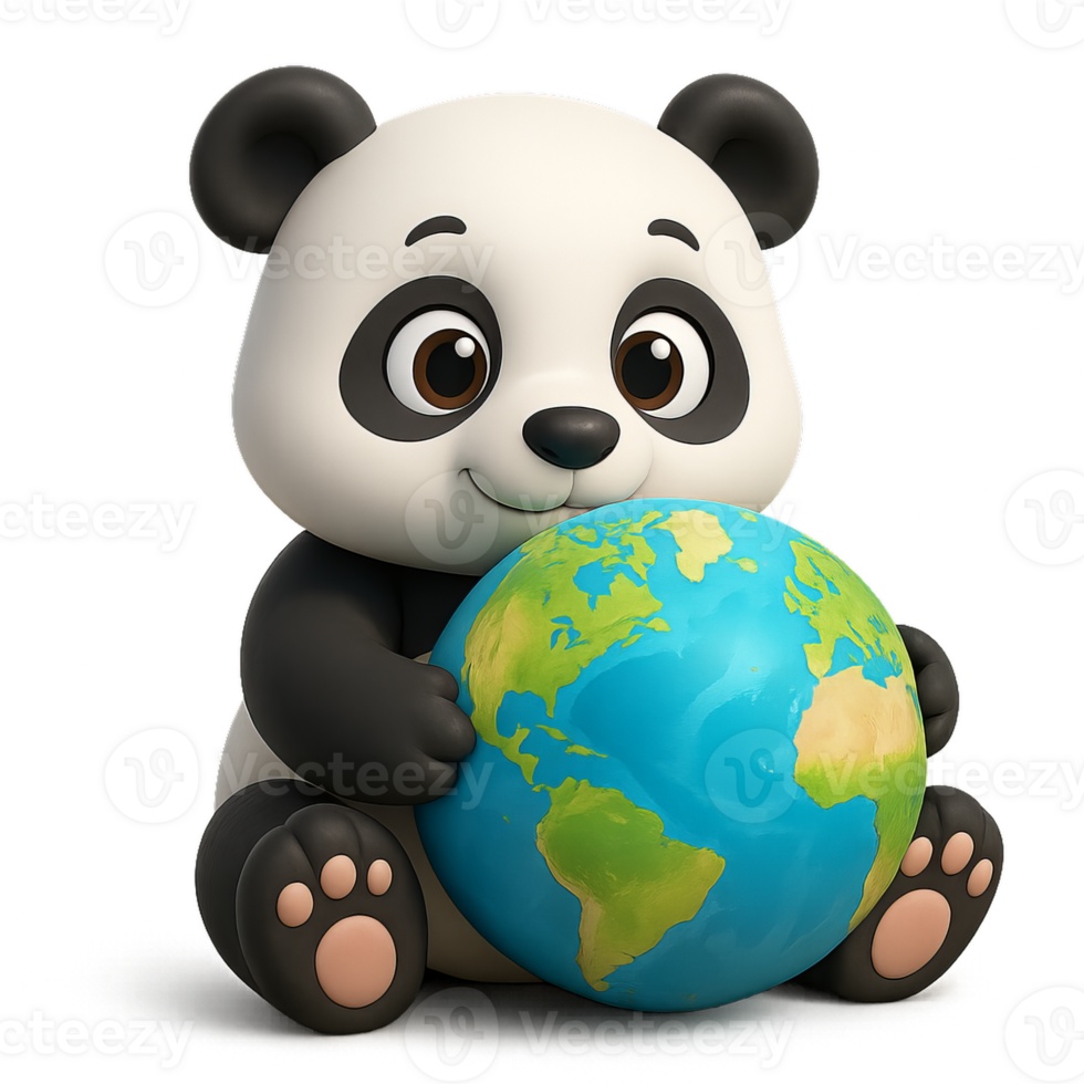 Cute Panda Holding a Globe with a Friendly Expression and Simple Design png