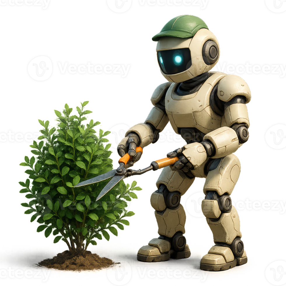 Friendly Robot Gardener Pruning a Bush with Careful Precision png