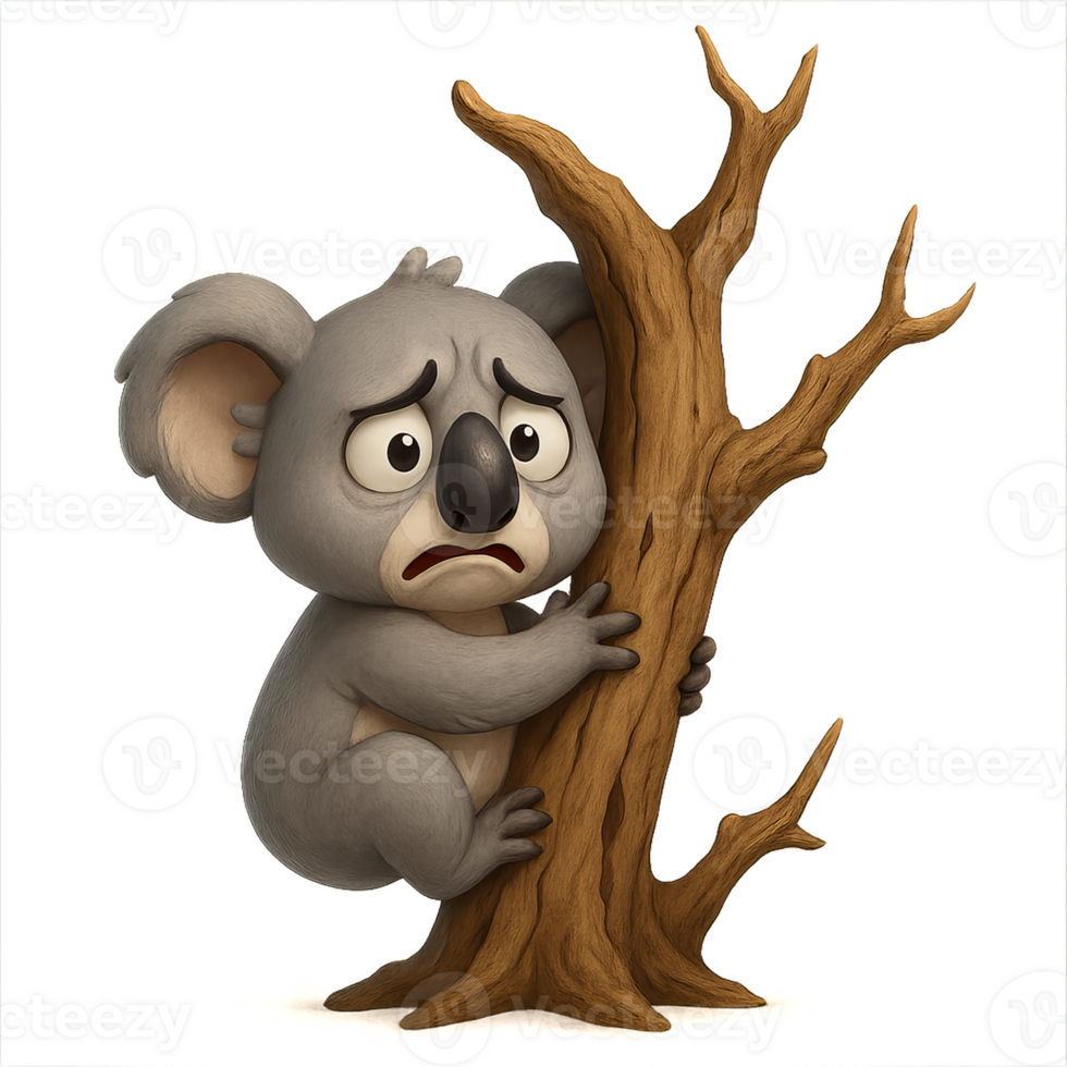 Distressed Cartoon Koala Clinging to Tree in Simple Design png