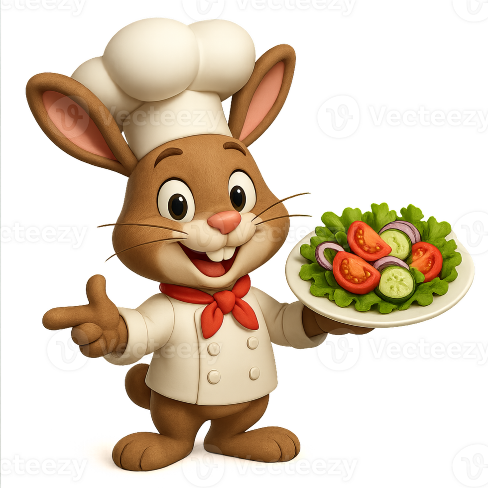 Cheerful Rabbit Chef Holding a Colorful Salad with Fresh Vegetables png