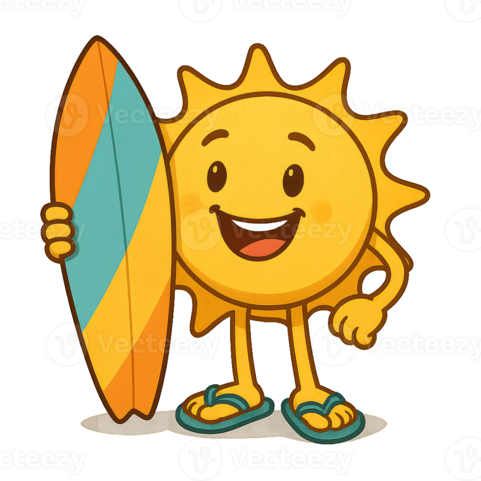 Happy Cartoon Sun with Surfboard for Fun Summer Adventures png