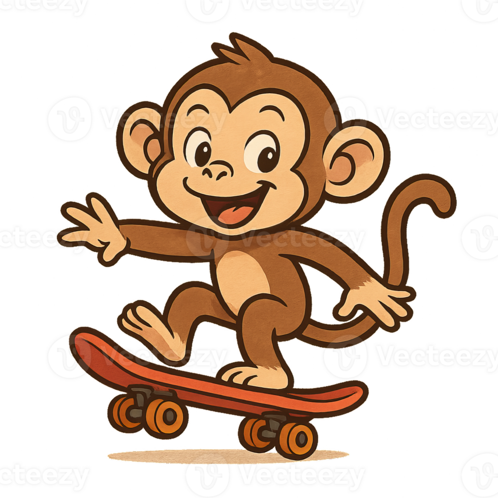 Playful Monkey Enjoying Skateboarding Fun in a Cartoon Style png