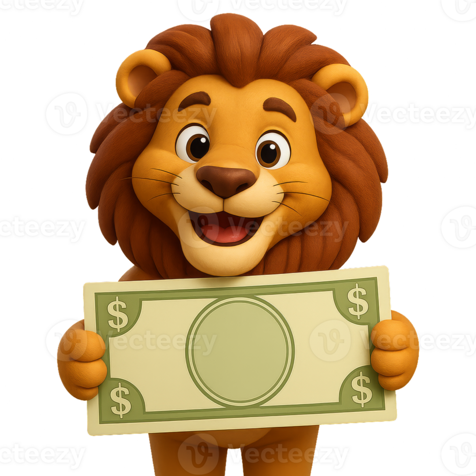 Cheerful Cartoon Lion Holding a Blank Banknote in a Fun Style png