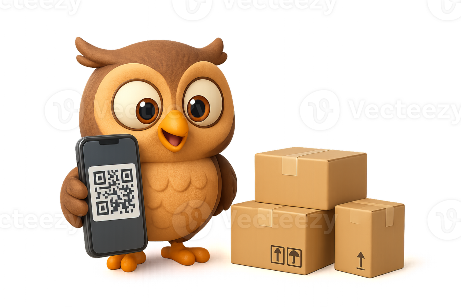 Cute Owl Holding QR Code with Cardboard Boxes and Delivery Theme png