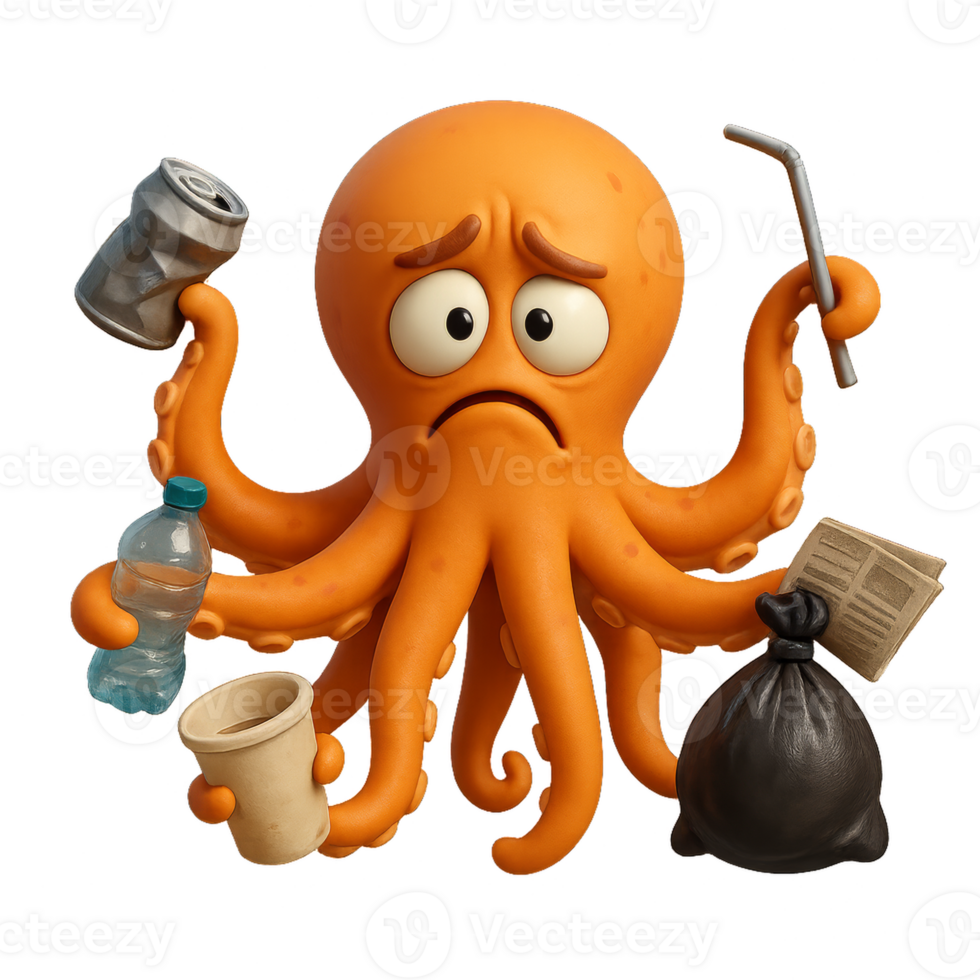 Confused Octopus with Trash in its Arms Needs Environmental Cleanup png