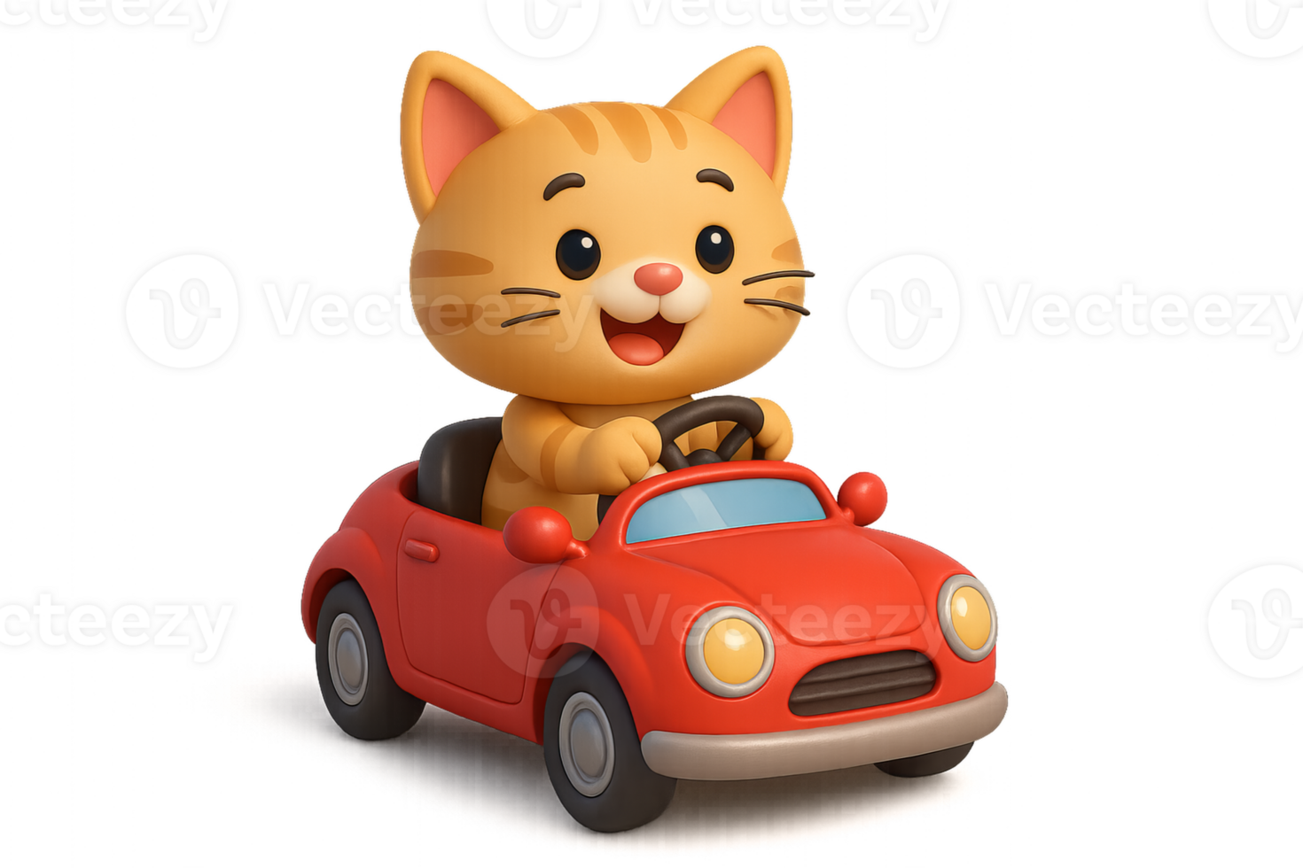 Cute Cartoon Cat Driving a Red Toy Car in a Simple Design png