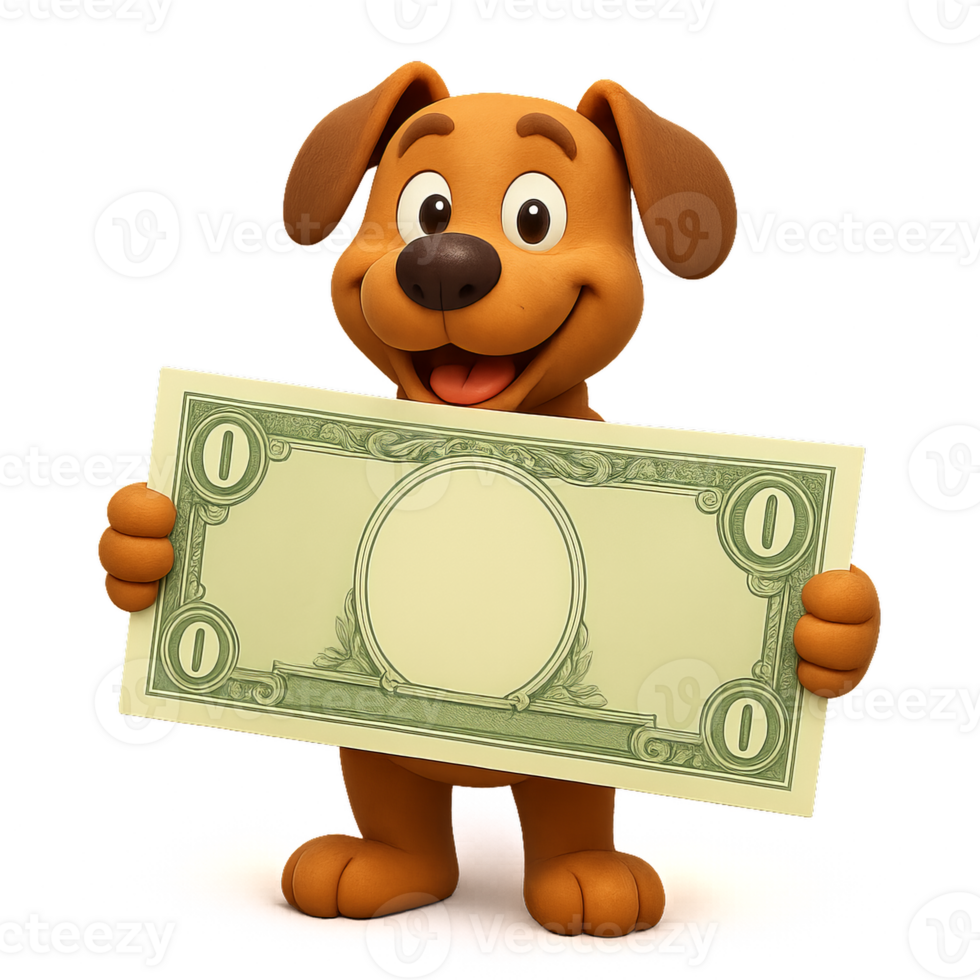 Cartoon Dog Holding a Large Dollar Bill with a Happy Expression png