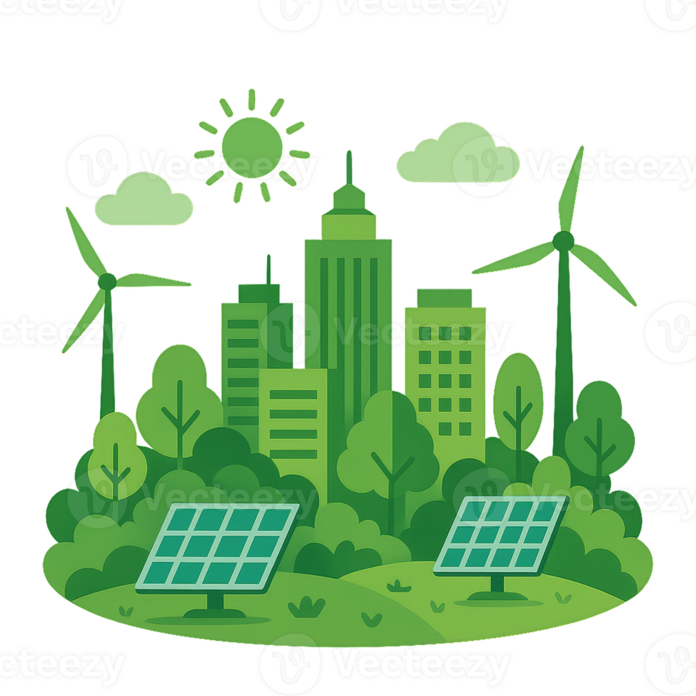 Green Renewable City Landscape with Solar Panels and Wind Turbines png