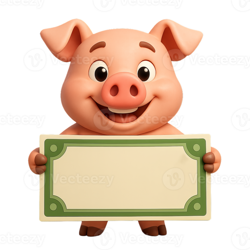 Cheerful Cartoon Pig Holding Blank Sign for Creative Use png