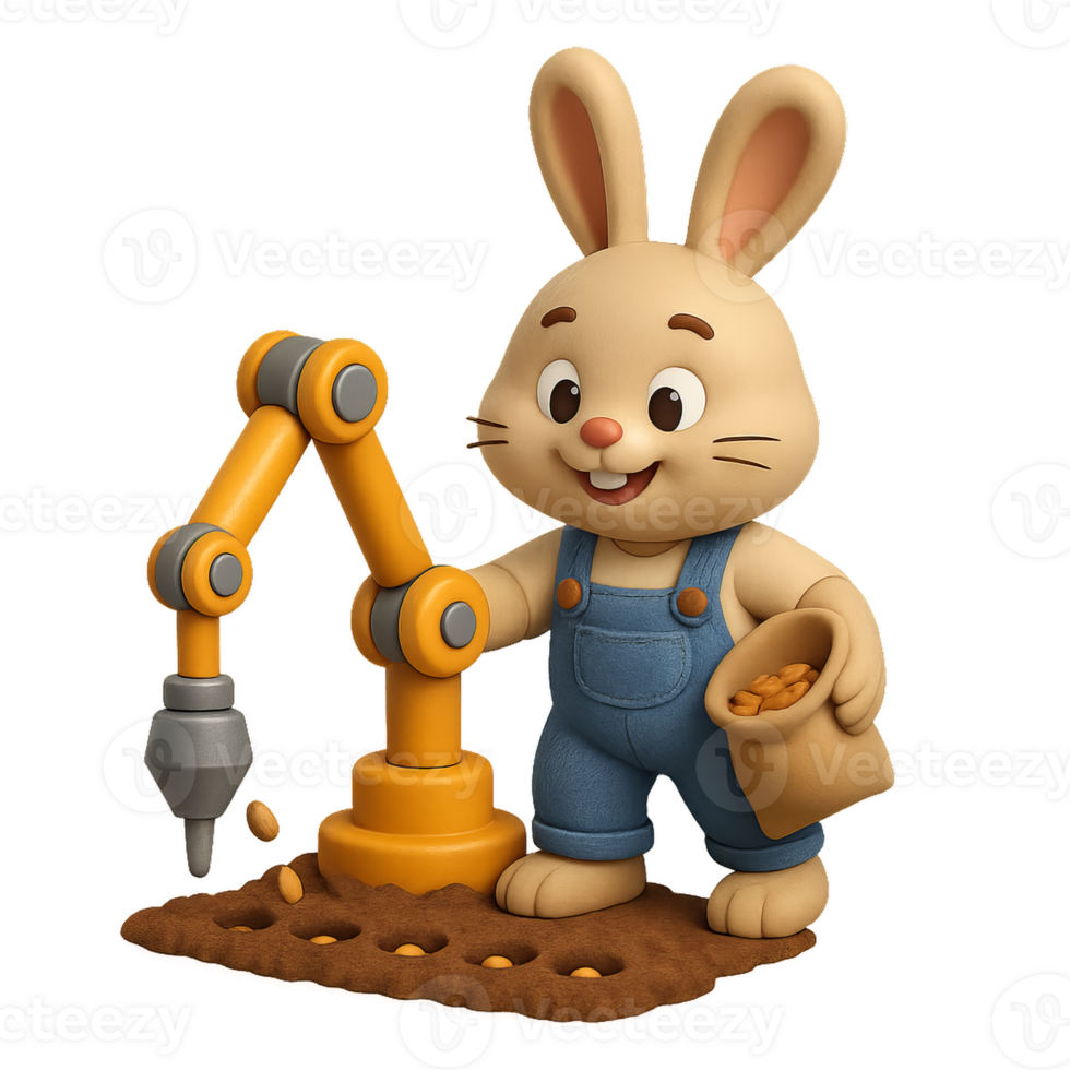 Cheerful Rabbit Using Robotic Arm for Planting Seeds in Garden png