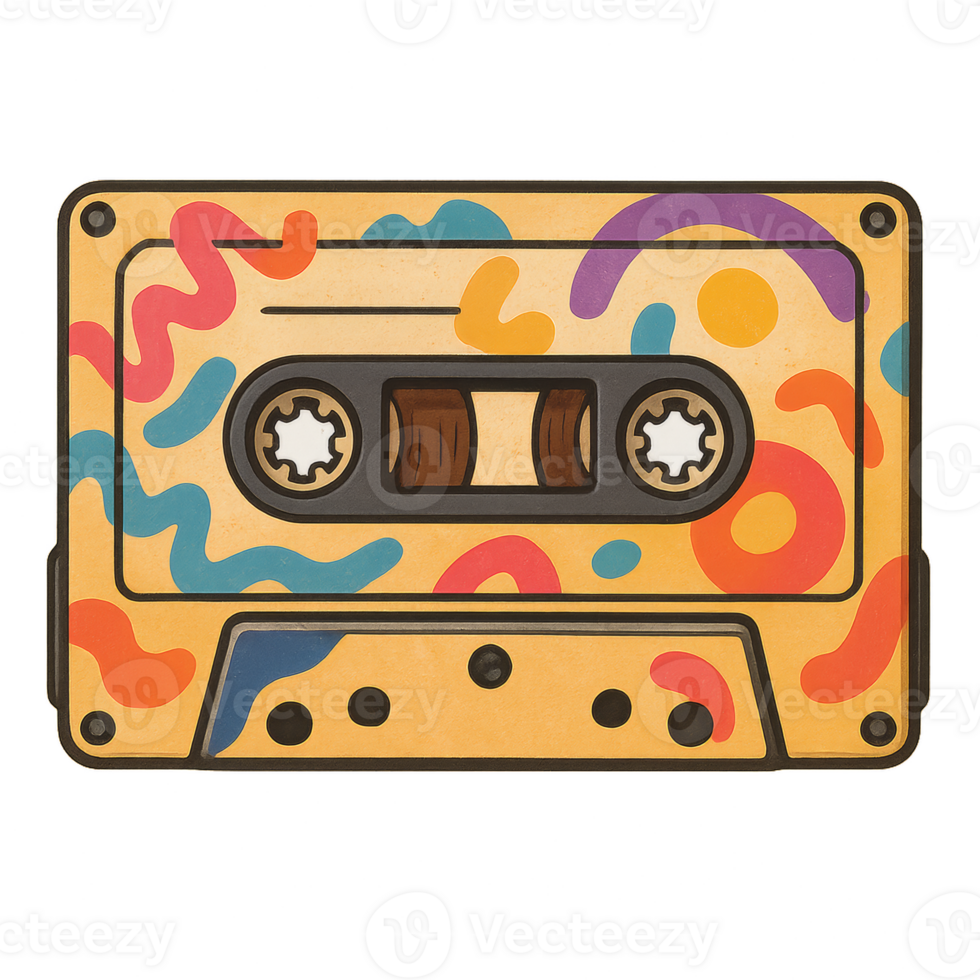 Colorful Retro Cassette Tape with Abstract Design and Fun Patterns png