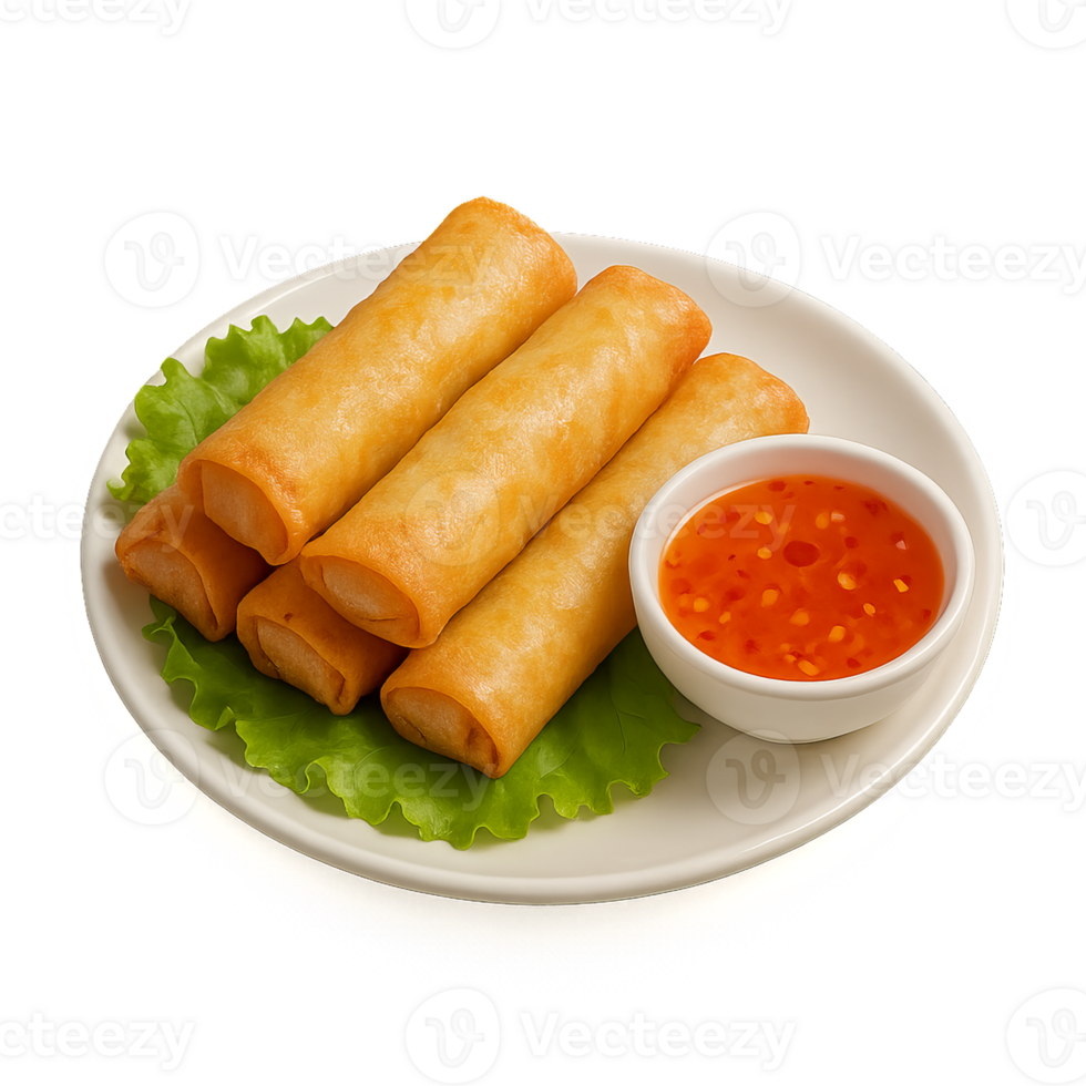 Crispy Thai Spring Rolls with Dipping Sauce on a Plate png