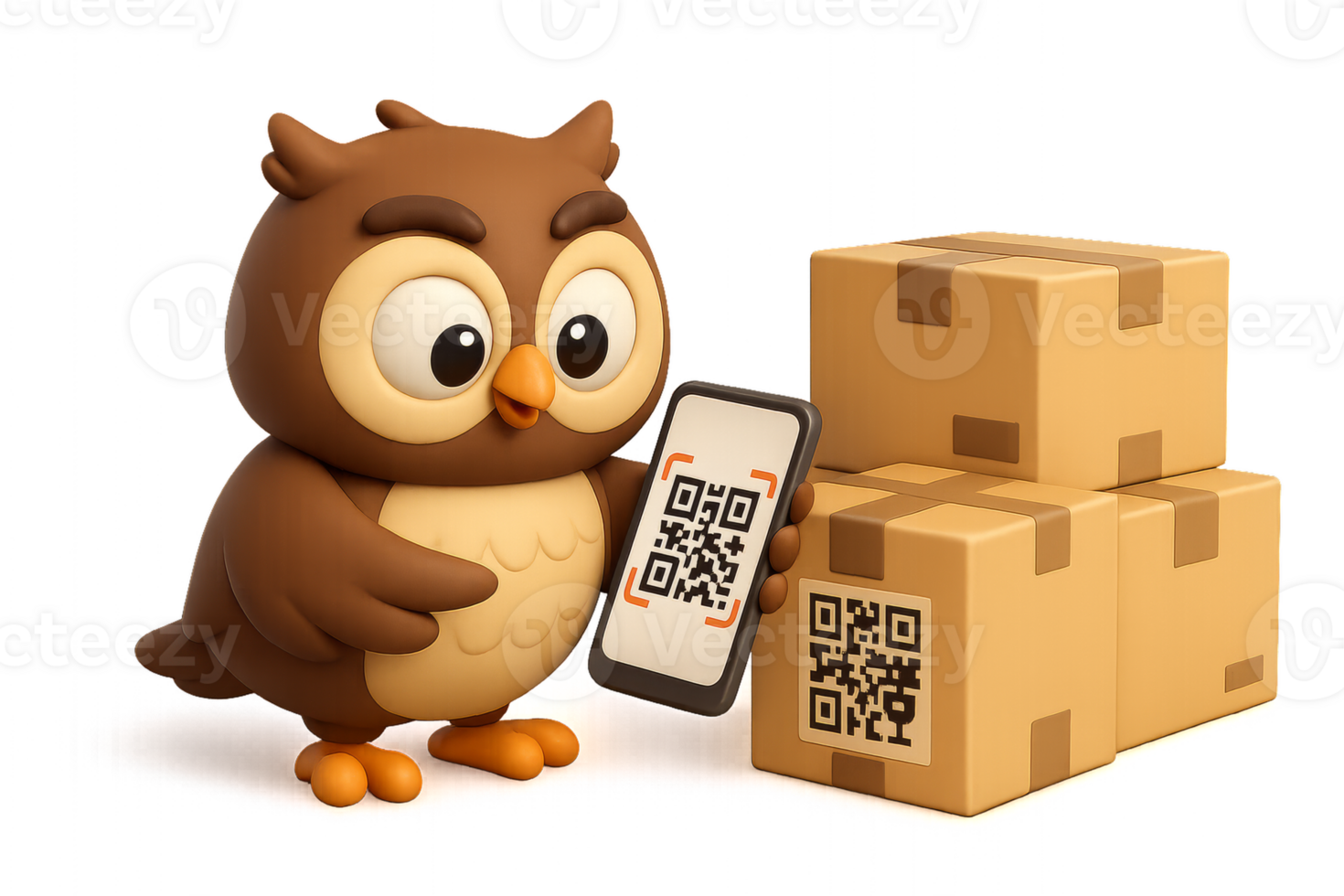 Cute cartoon owl scanning QR code next to cardboard boxes png