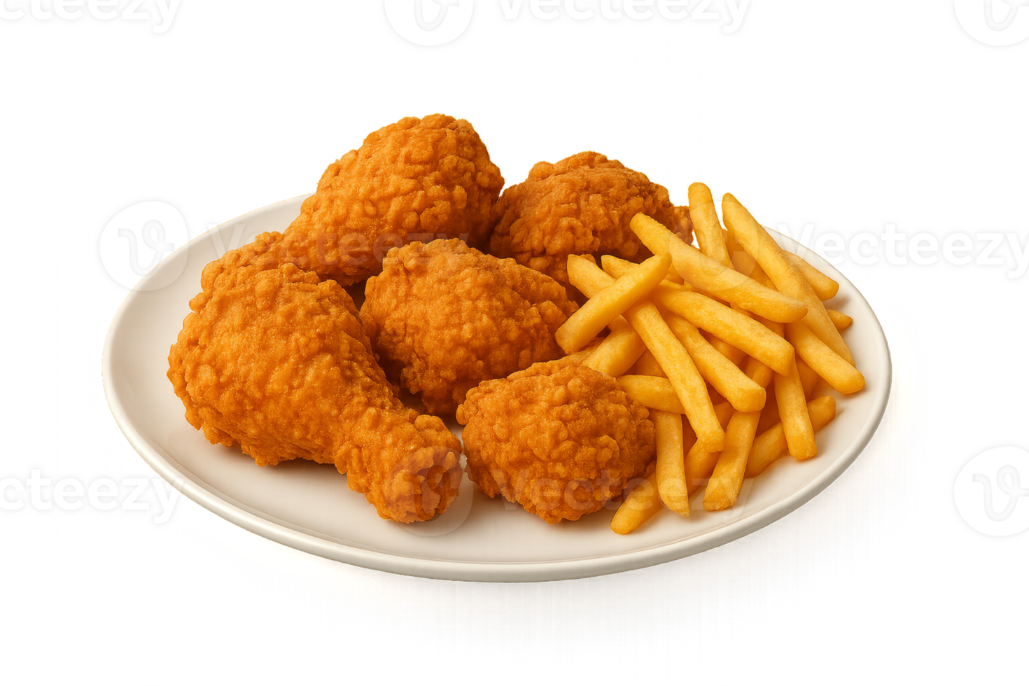 Delicious Fried Chicken Feast with Crispy Fries on a White Plate png