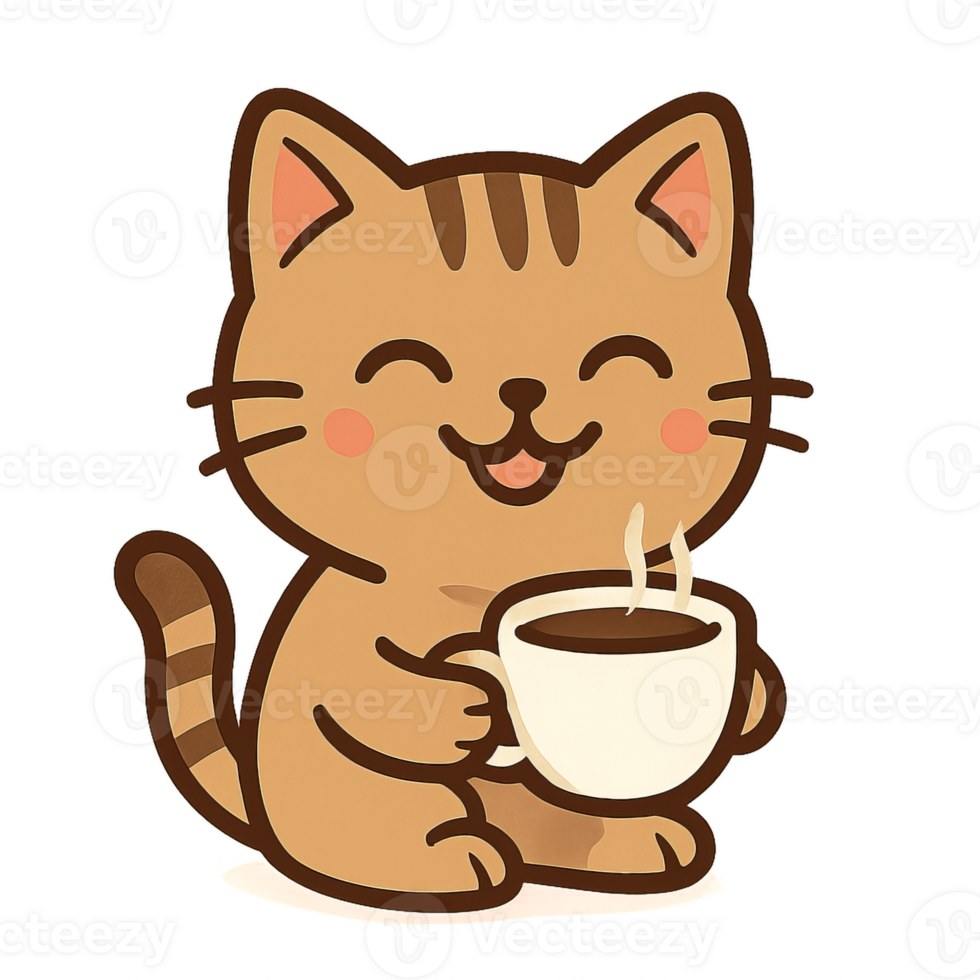 Cute Cat Holding Coffee Cup in a Cheerful and Simple Style png
