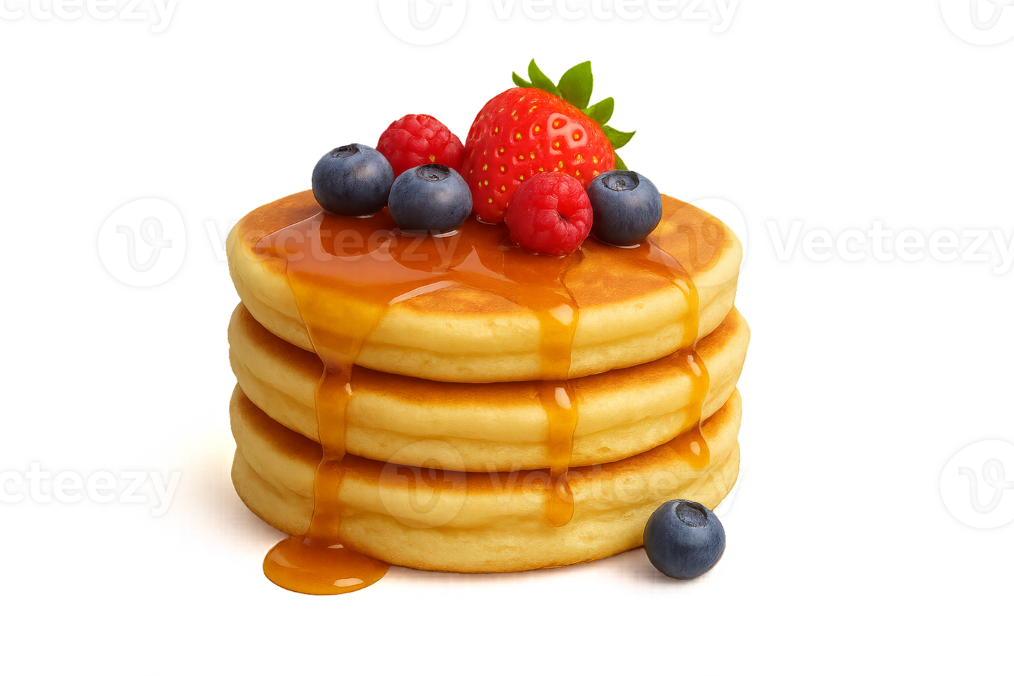 Fluffy Pancakes with Berries and Maple Syrup on a Bright Background png