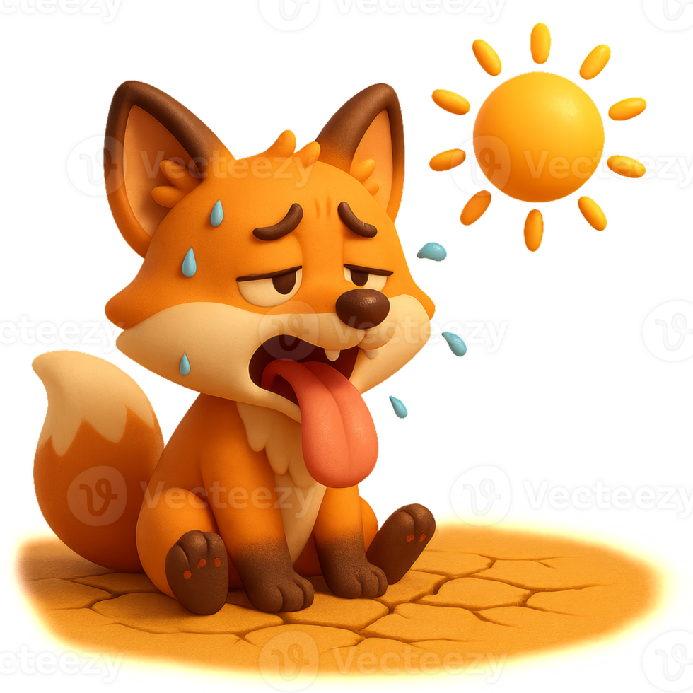 Cartoon Fox Feeling Overheated in Simple Design Under Sunlight png