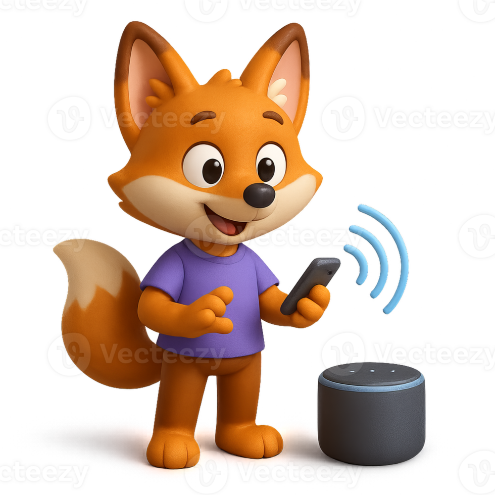 Cartoon fox character using AI assistant on smartphone technology png