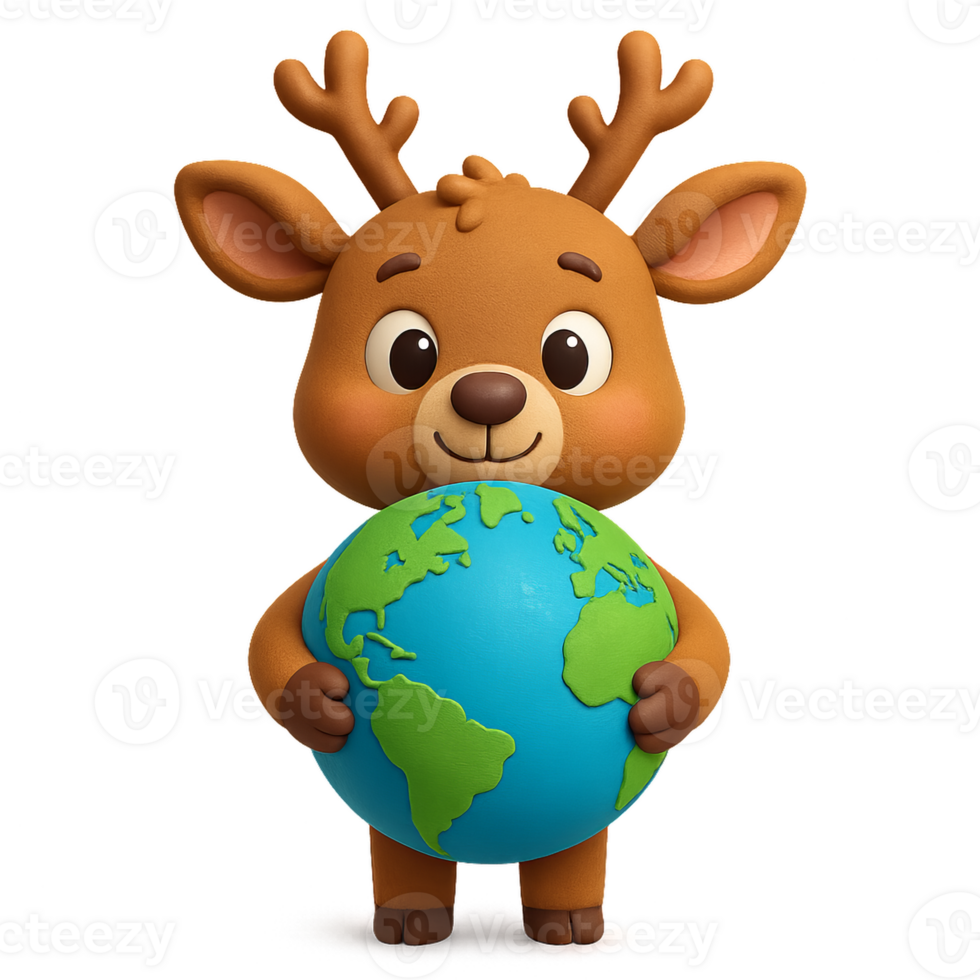 Cute Cartoon Deer Holding a Globe with Cheerful Expression png