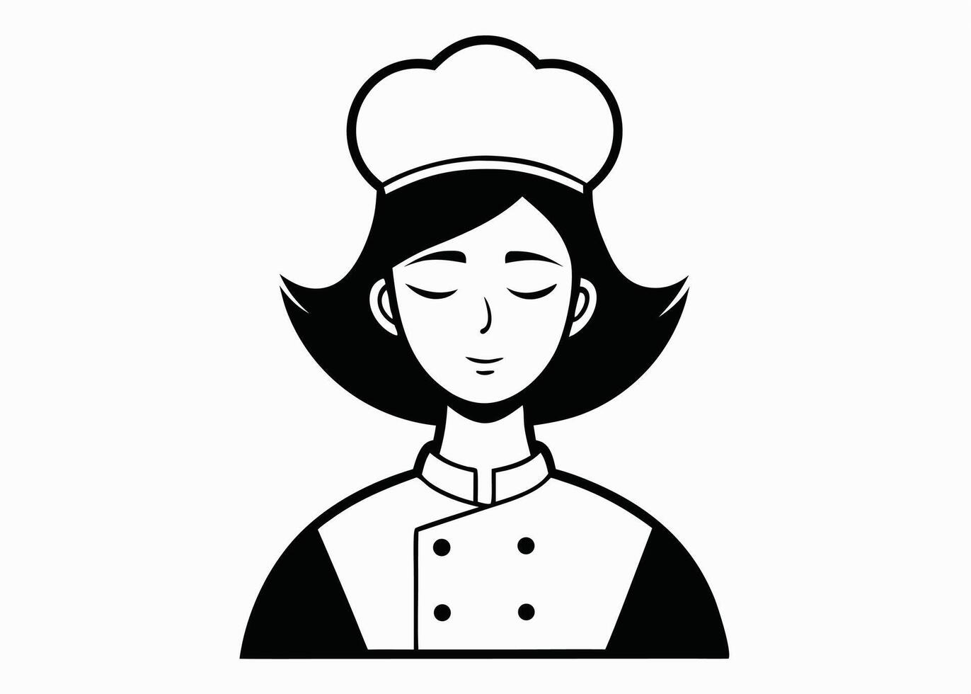 Black and White Illustration of a Female Chef with Closed Eyes vector