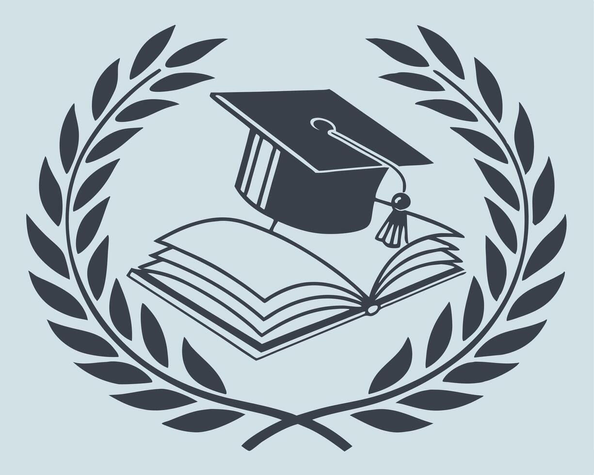 Academic Achievement Graduation Cap on Open Book Surrounded by Laurel Wreath vector
