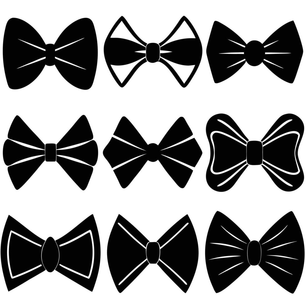 Collection of Nine Different Black Bow Tie Silhouettes on White Background vector