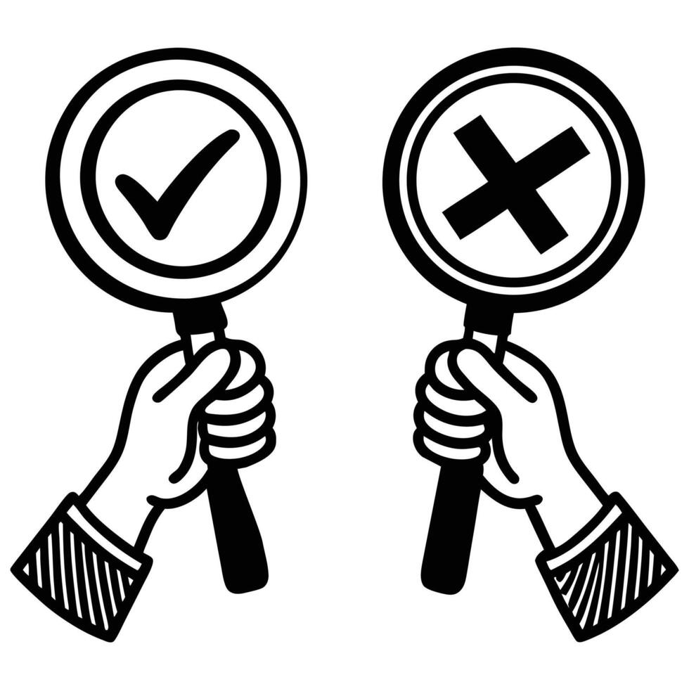 Hands Holding Signs with Checkmark and X Symbol in Black and White vector