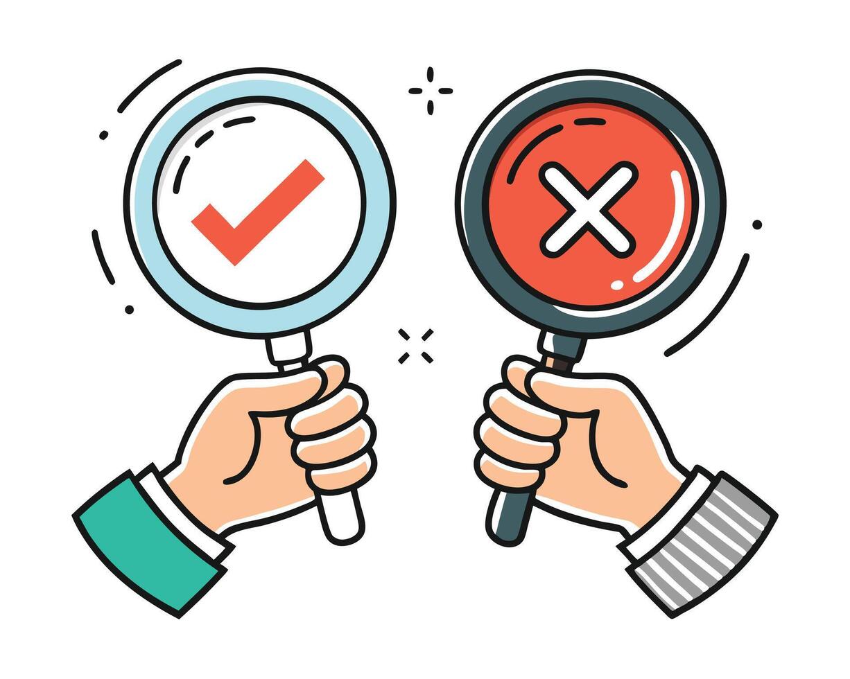 Right and Wrong Hands Holding Magnifying Glasses with Checkmark and X vector