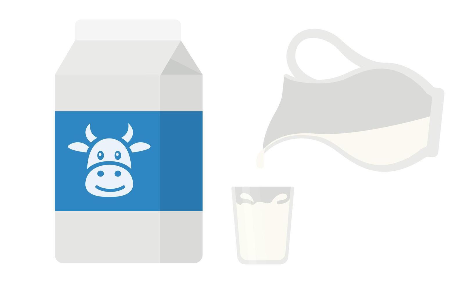Milk carton, pitcher and glass filled with milk vector