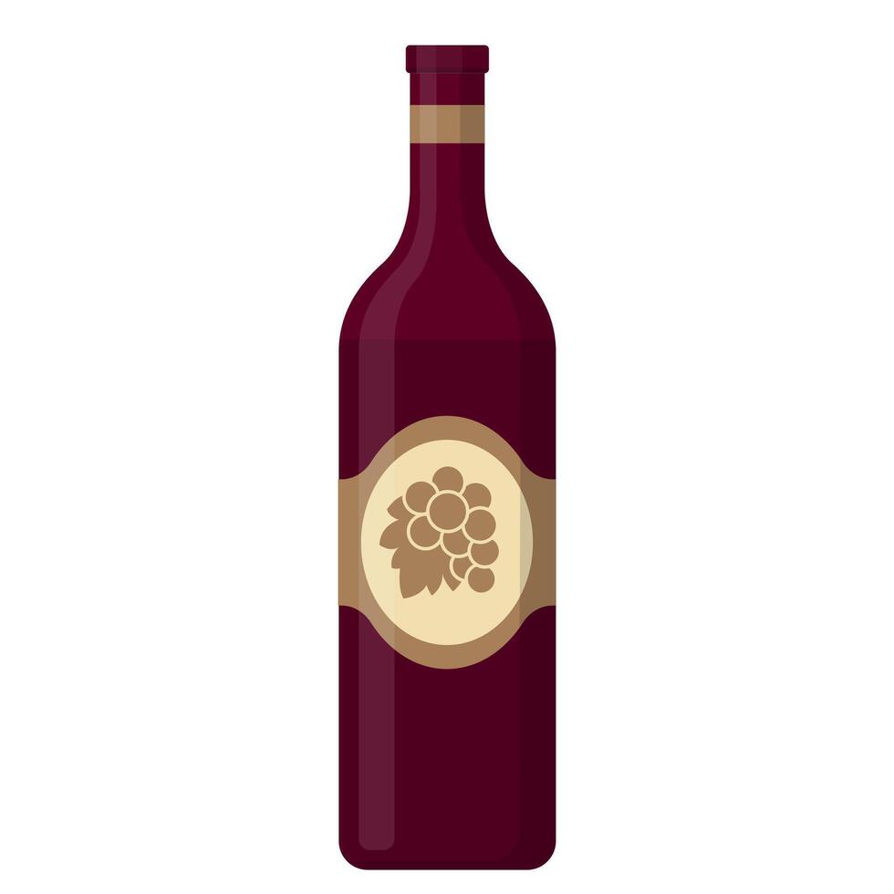 red wine bottle with grape label flat illustration vector