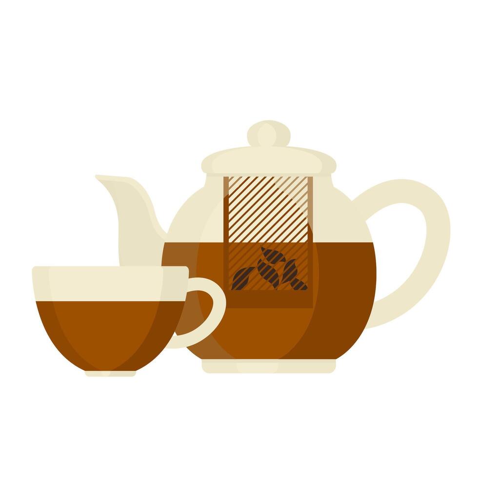 glass tea pot and cup with tea leaves flat cartoon illustration vector