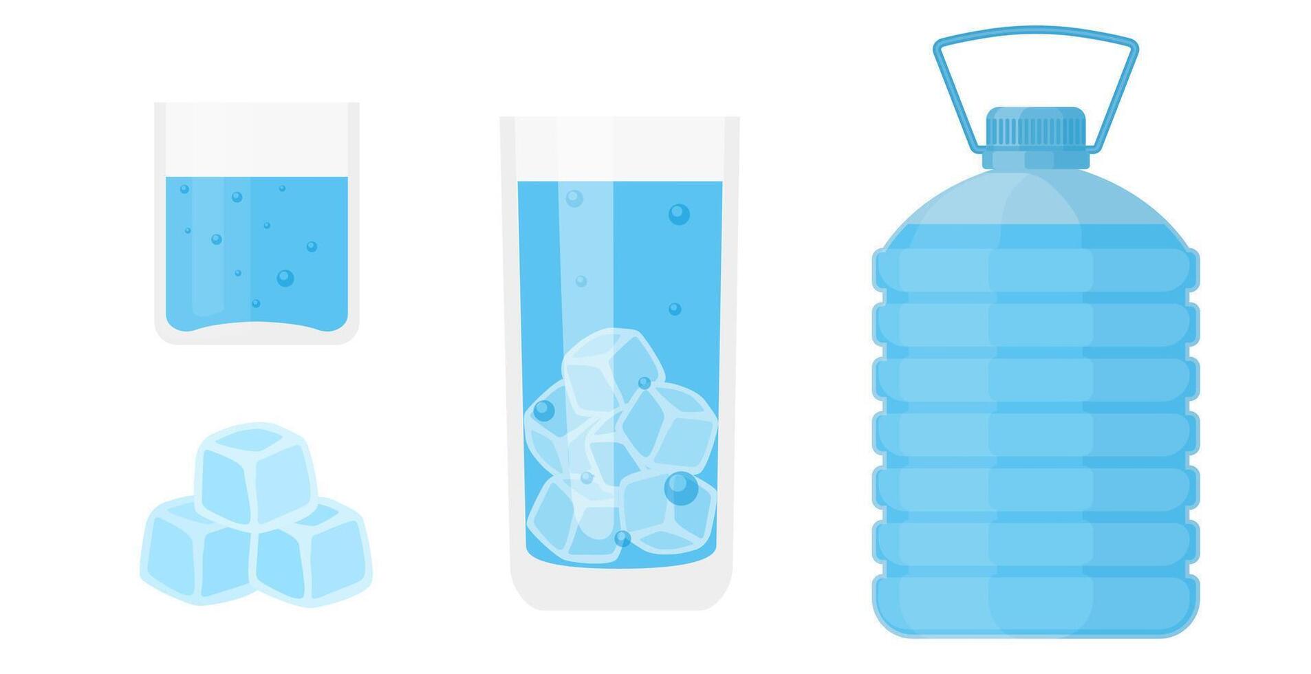 Water and Ice Collection Featuring Glasses of Water, Ice Cubes, and Large Water Bottle vector