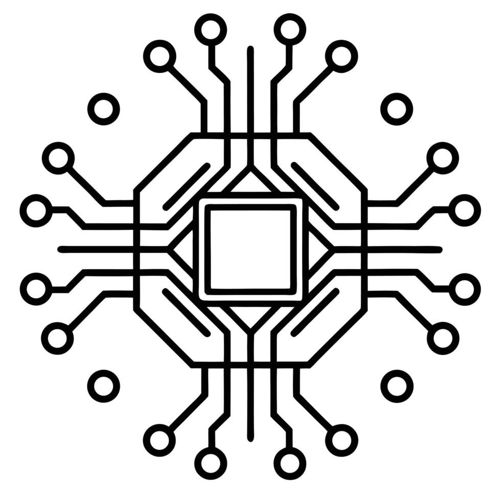 Minimalist Line Art of a Computer Chip with Circular Connections vector