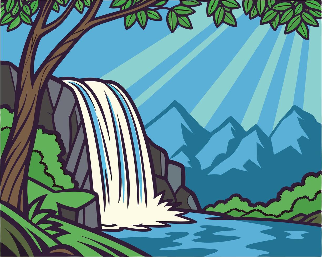 Cartoon Waterfall Scene with Mountains Tree and Sunlight Beams vector