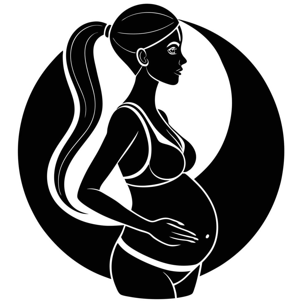 Silhouette of a Pregnant Woman with Ponytail in Front of a Circle vector
