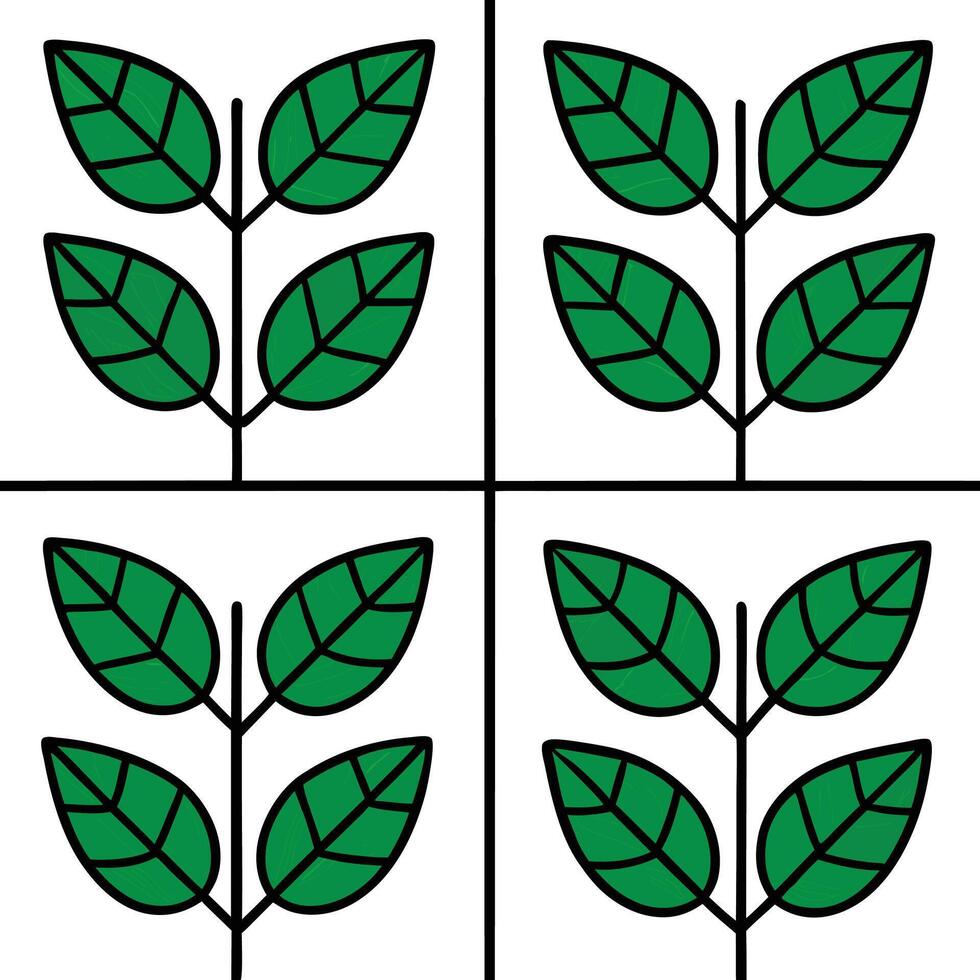 Four Green Leaf Sprigs Arranged in a Square Pattern with Black Outlines vector