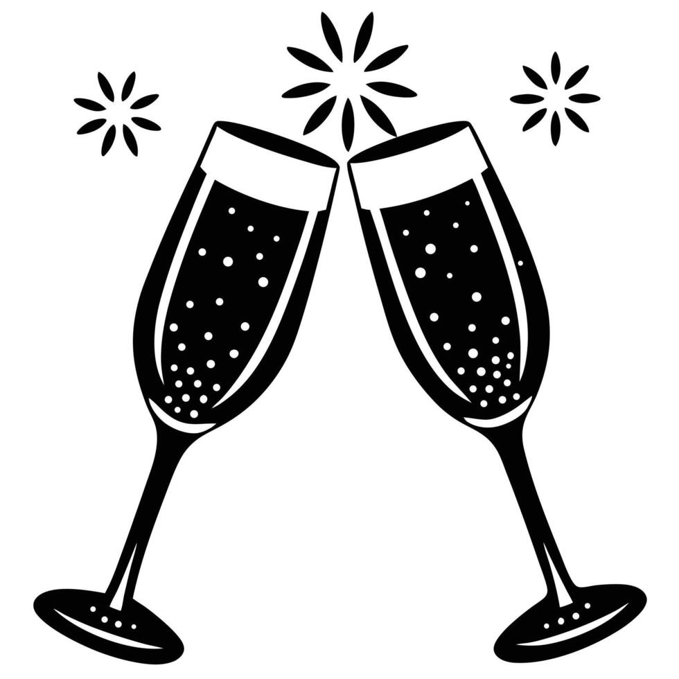 Toasting Celebration Two Champagne Flutes Clinking with Sparkling Stars in Black and White vector