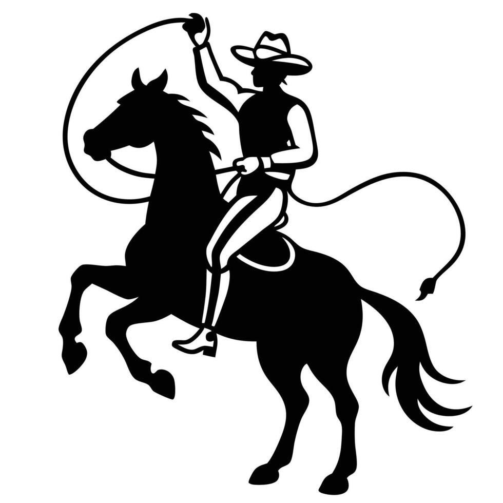 Silhouette of Cowboy on Rearing Horse with Lasso in Black and White vector