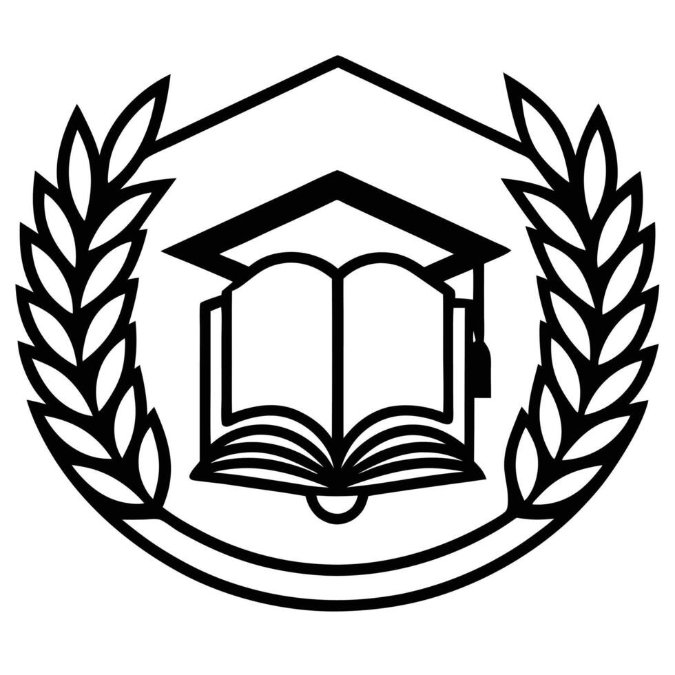 Education Emblem Book with Graduation Cap Surrounded by Laurel Wreath and Hexagon vector