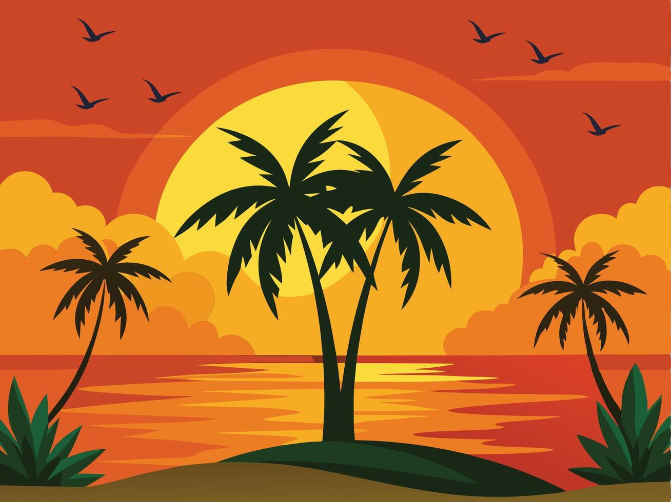 Tropical Sunset with Palm Trees and Birds in Flight Illustration vector