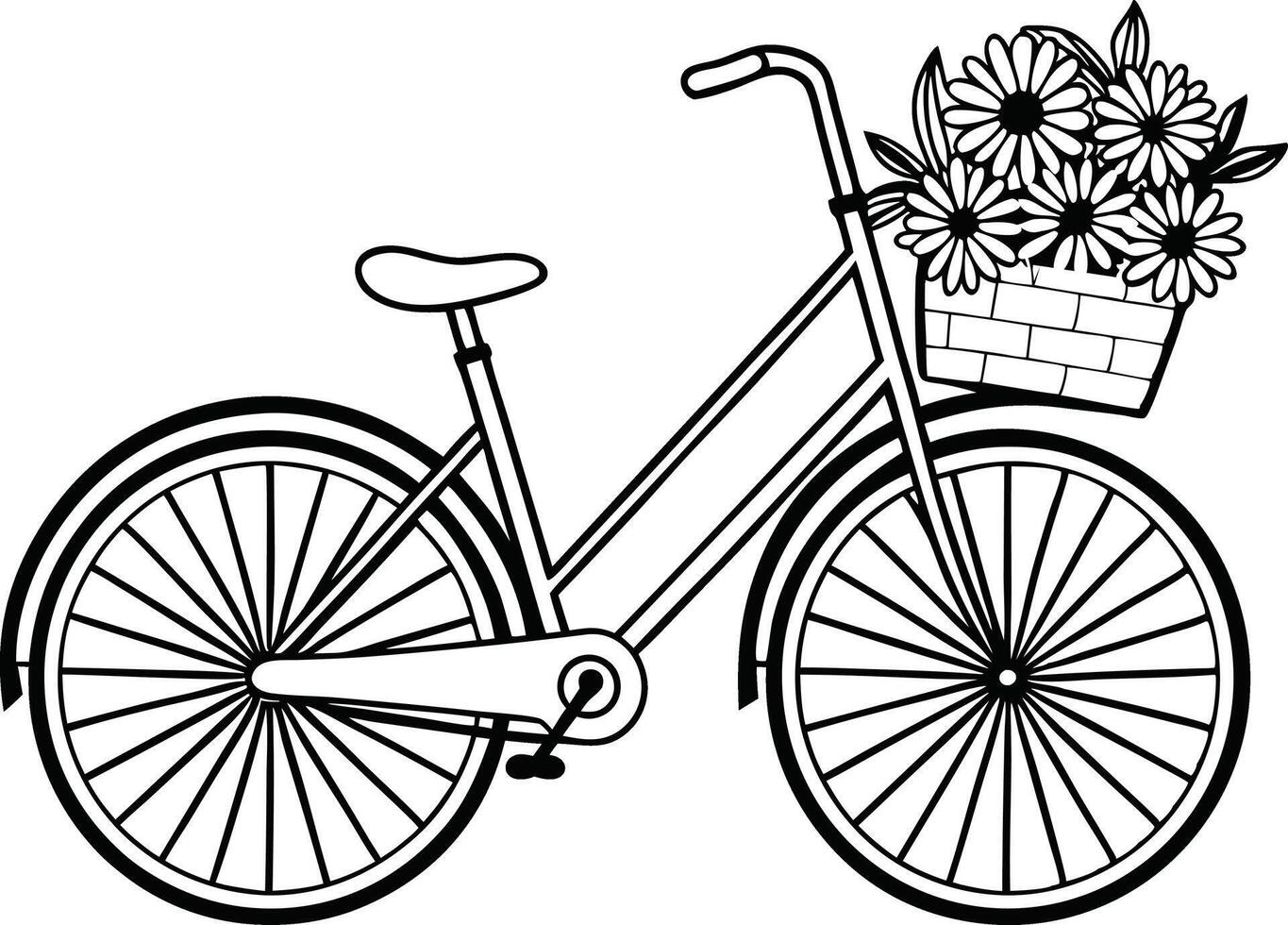 Black and White Bicycle with Basket Full of Flowers Illustration vector