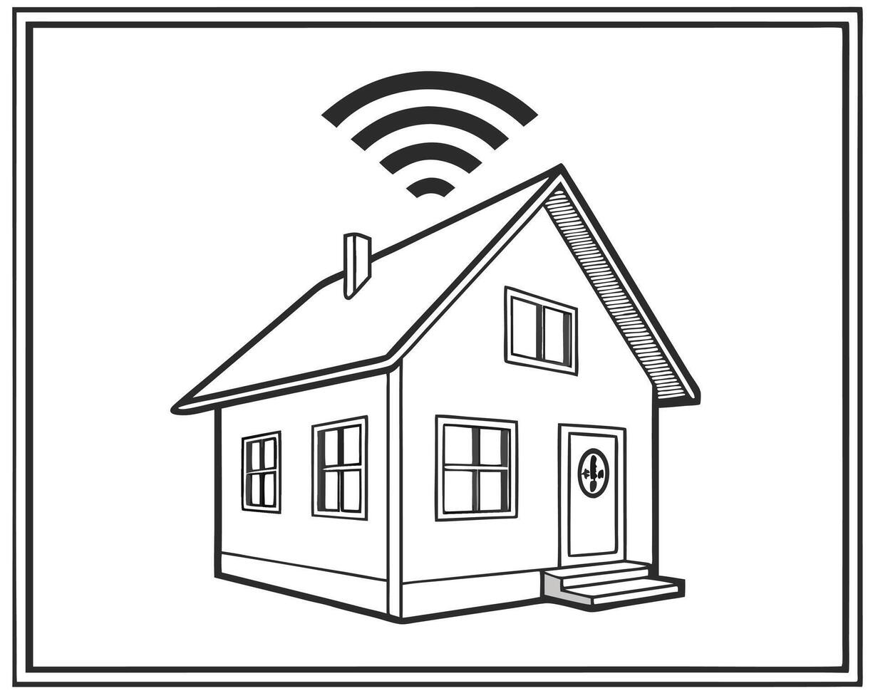 Smart Home Connectivity House with WiFi Signal Illustration in Black and White vector