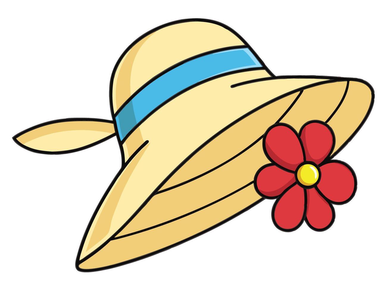 Cartoon straw hat with blue ribbon and red flower accent vector