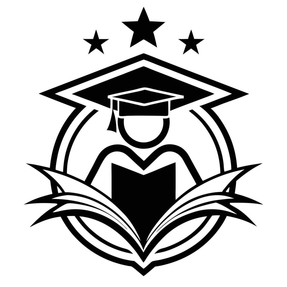Black and White Education Icon with Graduate Book and Stars vector
