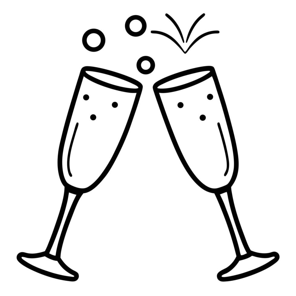 Two Champagne Glasses Toasting with Bubbles in a Black and White Outline vector