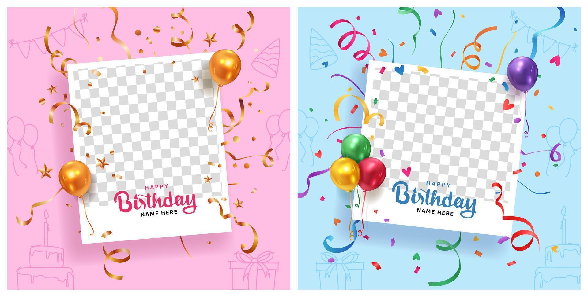 happy birthday wishes social media post template design using confetti balloons and realistic polaroid photo frame vector