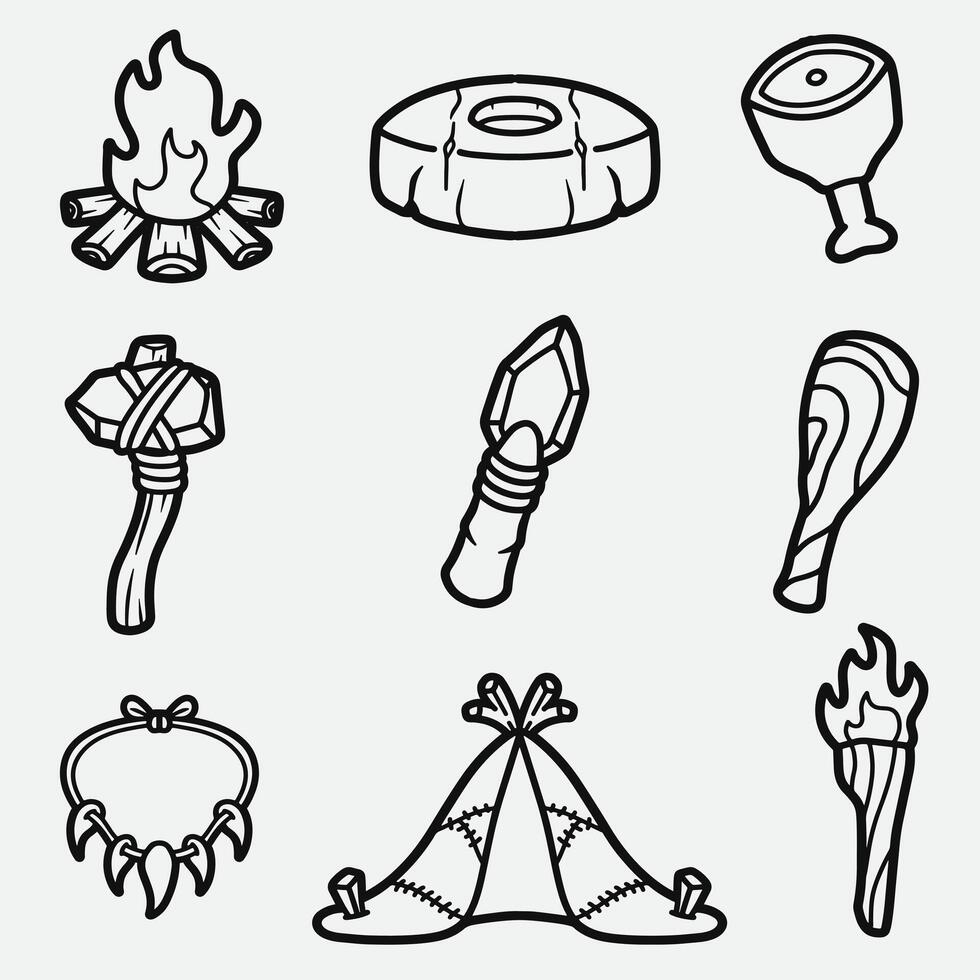 set of stone age primitive with outline style good for icon, symbol, element design, cloring book, coloring page, etc vector