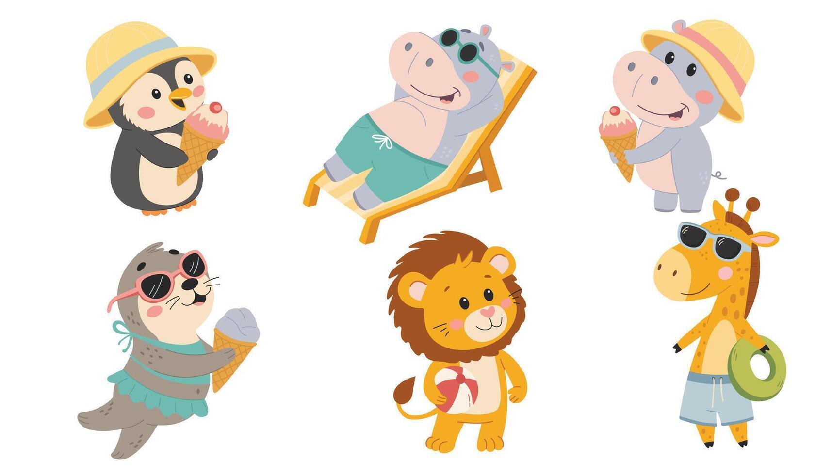 Set of cute cartoon animals. Beach vacation. Penguin, hippo, seal, lion, giraffe. Flat illustration in simple child style isolated on white background vector